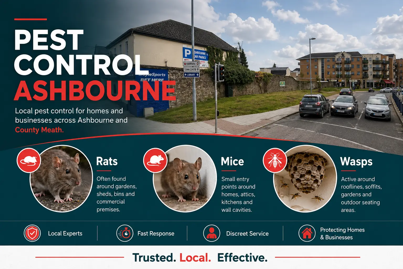 Ashbourne County Meath Pest Control Services | House & Home Pest Control Pest Control Ashbourne service graphic showing Ashbourne town centre in County Meath with information on rat, mouse and wasp control services for local homes and businesses.