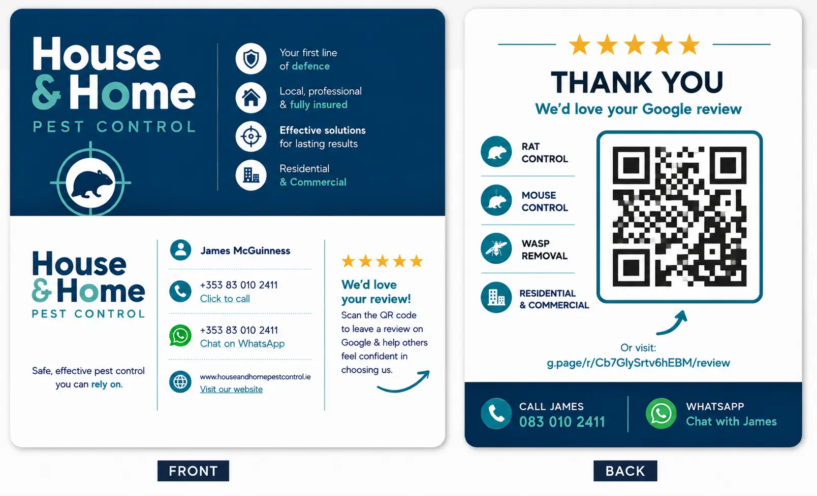 House and Home Pest Control business card with contact details and Google review QR code